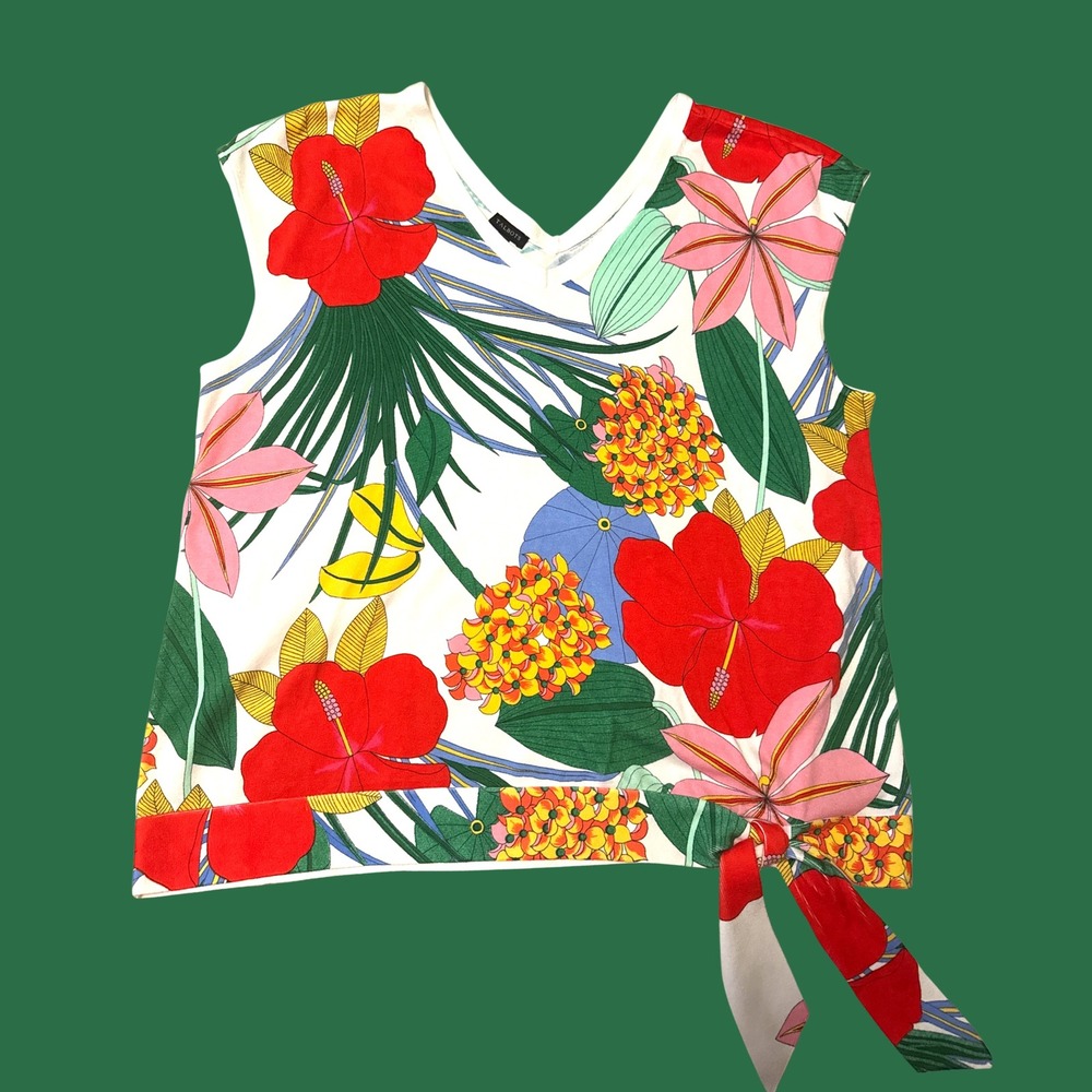 Talbots Tropical Hibiscus Floral Side Tie V-Neck Sleeveless Top XL NWT